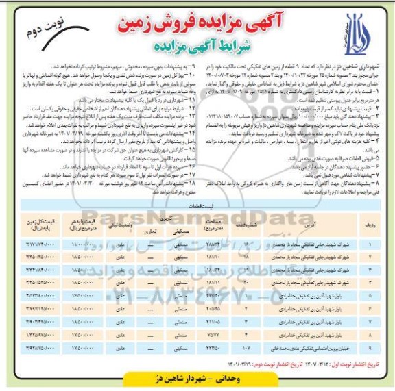 مزایده فروش زمین با کاربری مسکونی - صنعتی - نوبت دوم