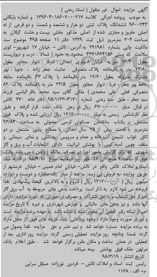 مزایده یک باب ساختمان مکسونی به پلاک ثبتی دو هزار و ششصد و دو فرعی از نه اصلی مفروز به مستحت 304 مترمربع