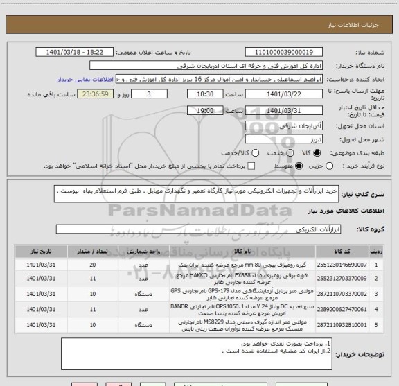 استعلام خرید ایزارآلات و تجهیزات الکترونیکی مورد نیاز کارگاه تعمیر و نگهداری موبایل . طبق فرم استعلام بهاء  پیوست .