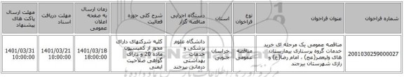 مناقصه، مناقصه عمومی یک مرحله ای خرید خدمات گروه پرستاری  بیمارستان های ولیعصر(عج) ، امام رضا(ع) و رازی شهرستان بیرجند