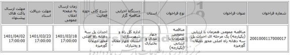 مناقصه، مناقصه عمومی همزمان با ارزیابی (یکپارچه) یک مرحله ای احداث پل سه دهانه راه اصلی محور دوپلان گورمیزه