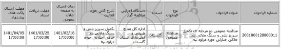 مناقصه، مناقصه عمومی دو مرحله ای تکمیل سرریز بتنی و سنگ ملاتی بند خاکی چنارلی حوزه مراوه تپه