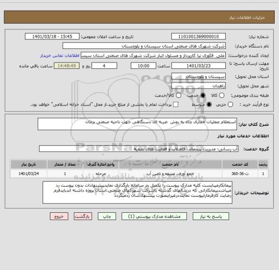 استعلام استعلام عملیات حفاری چاه به روش  ضربه ای دستگاهی جهت ناحیه صنعتی بزمان