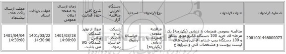 مناقصه، مناقصه عمومی همزمان با ارزیابی (یکپارچه) یک مرحله ای خرید 100 دستگاه الکترو موتور شناور و 100 دستگاه پمپ شناور، از بین پمپ های لیست پیوست و مشخصات فنی و شرایط خ