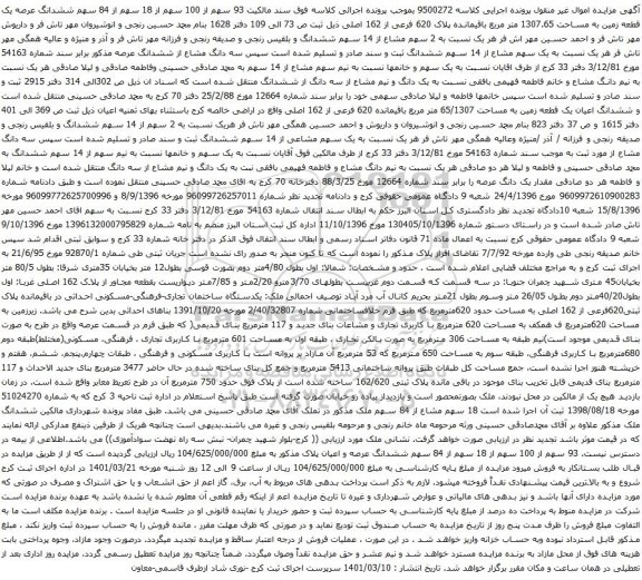 آگهی مزایده  93 سهم از 100 سهم از 18 سهم از 84 سهم ششدانگ عرصه یک قطعه زمین به مساحت 1307.65 متر مربع