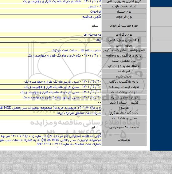 مناقصه, خ ن م/۷۰۲-۱۴۰۱ مربوط به خرید ۱۵ مجموعه تجهیزات سر چاهی C (H) ۵K MOD