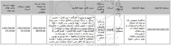 مناقصه، مناقصه عمومی یک مرحله ای اصلاح شبکه و انشعابات و خطوط انتقال آب روستاهای  شهرستان ملایر(روستاهای طجر سامن ؛انوچ)