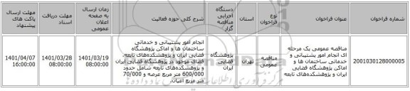 مناقصه، مناقصه عمومی یک مرحله ای انجام امور پشتیبانی و خدماتی ساختمان ها و اماکن پژوهشگاه فضایی ایران و پژوهشکده‌های تابعه