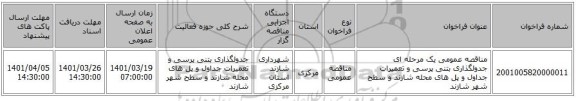 مناقصه، مناقصه عمومی یک مرحله ای جدولگذاری بتنی پرسی و تعمیرات جداول و پل های محله شازند و سطح شهر شازند