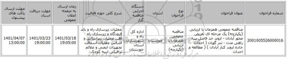 مناقصه، مناقصه عمومی همزمان با ارزیابی (یکپارچه) یک مرحله ای تعریض محور آبادان - اروند حد فاصل سه راهی مدن - تند گویان ( احداث جاده اروند کنار آبادان ) ( مطالعه و احداث