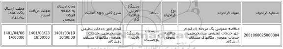 مناقصه، مناقصه عمومی یک مرحله ای انجام امور خدمات تنظیفی ،پیشخدمتی، خدمات عمومی مکانهای مسقف ذانشگاه