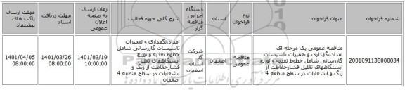 مناقصه، مناقصه عمومی یک مرحله ای امداد،نگهداری و تعمیرات تاسیسات گازرسانی شامل خطوط تغذیه و توزیع ایستگاههای تقلیل فشارحفاظت از زنگ و انشعابات در سطح منطقه 4