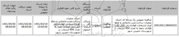 مناقصه، مناقصه عمومی یک مرحله ای اجرای عملیات ساخت،نصب،جابجایی و جمع آوری انشعابات فولادی،پلی اتیلن،پلی فولادی جمعا به تعداد 950 انشعاب در شهرستان خمینی شهر