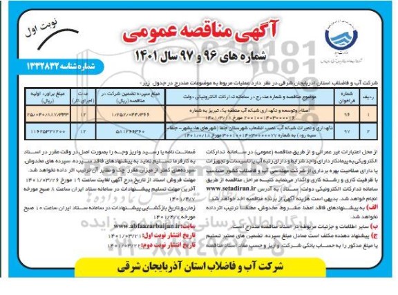 مناقصه اصلاح و توسعه و نگهداری شبکه آب منطقه یک و...