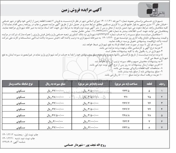 مزایده فروش 7 قطعه زمین اراضی