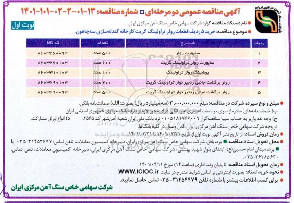 مناقصه  خرید  5 ردیف قطعات رولر تراولینگ گریت کارخانه گندله سازی سه چاهون