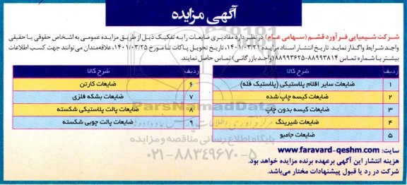 مزایده واگذاری مقادیری ضایعات 