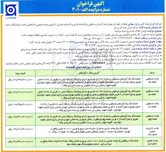 مزایده، مزایده فروش چهار واحد آپارتمان مسکونی و یک واحد اداری و یک واحد تجاری