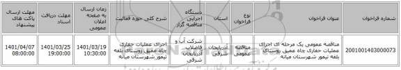 مناقصه، مناقصه عمومی یک مرحله ای اجرای عملیات حفاری چاه عمیق روستای بلفه تیمور شهرستان میانه
