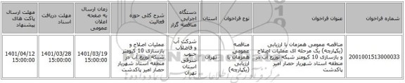 مناقصه، مناقصه عمومی همزمان با ارزیابی (یکپارچه) یک مرحله ای عملیات اصلاح و بازسازی 10 کیومتر شبکه توزیع آب در منطقه استاد شهریار حصار امیر پاکدشت