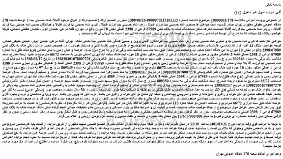 مزایده فروش ششدانگ ملک به پلاک ثبتی 67989 فرعی از 2398 اصلی 
