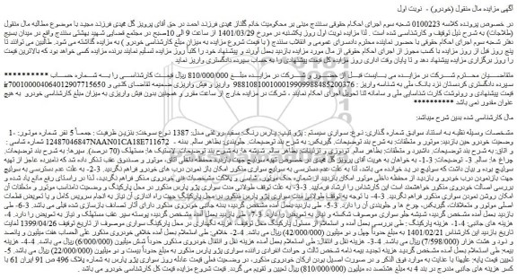 مزایده فروش خودرو سواری سیستم : پژو تیپ: پارس رنگ: سفید-روغنی مدل: 1387