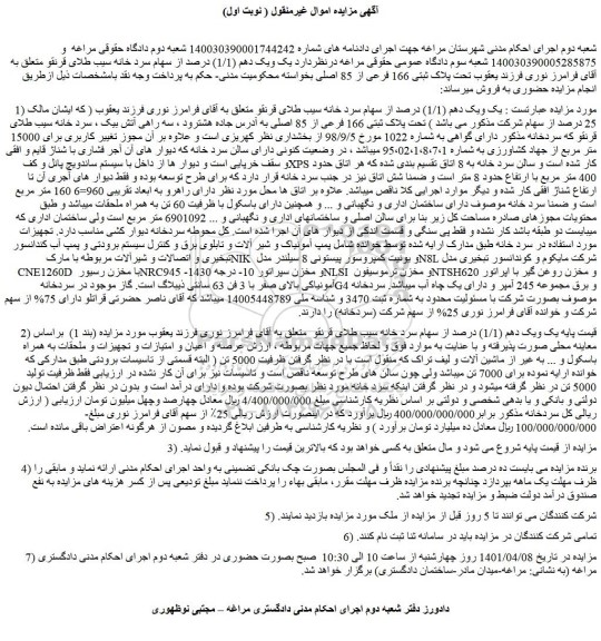 مزایده فروش یک ویک دهم (1/1) درصد از سهام سرد خانه سیب طلای قرنقو 