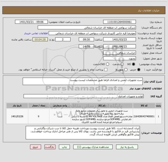 استعلام ست تجهیزات ایمنی و امدادی الزاما طبق مشخصات لیست پیوست