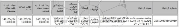 مناقصه، مناقصه عمومی یک مرحله ای خرید 3000 متر لوله گالوانیزه 4، 5 و 8 اینچ و خرید 850 متر لوله فولادی 8 اینچ پوشش دار