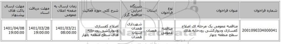 مناقصه، مناقصه عمومی یک مرحله ای اصلاح کفسازی ودیوارکشی رودخانه های سطح منطقه چهار