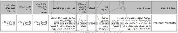 مناقصه، مناقصه عمومی همزمان با ارزیابی (یکپارچه) یک مرحله ای ساخت نصب و راه اندازی اسکروکانوایر واحد آشغالگیر و واحد آبگیری لجن مدول 1 الی 4 تصفیه خانه فاضلاب جنوب تهرا
