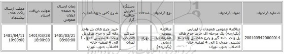 مناقصه، مناقصه عمومی همزمان با ارزیابی (یکپارچه) یک مرحله ای خرید چرخ های پل واحد دانه گیر و چرخ های پل واحد ته نشینی مدول 1 الی 4 تصفیه خانه فاضلاب جنوب تهران