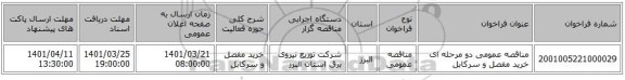 مناقصه، مناقصه عمومی دو مرحله ای خرید مفصل و سرکابل