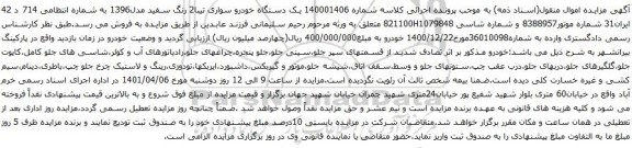آگهی مزایده یک دستگاه خودرو سواری تیبا