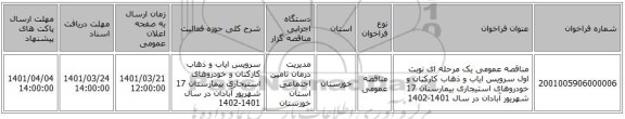 مناقصه، مناقصه عمومی یک مرحله ای نوبت اول سرویس ایاب و ذهاب کارکنان و خودروهای استیجاری بیمارستان 17 شهریور آبادان در سال 1401-1402