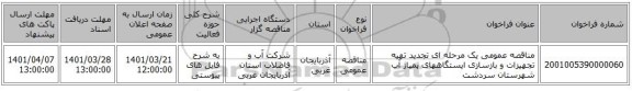 مناقصه، مناقصه عمومی یک مرحله ای تجدید تهیه تجهیزات و بازسازی ایستگاههای پمپاژ آب شهرستان سردشت