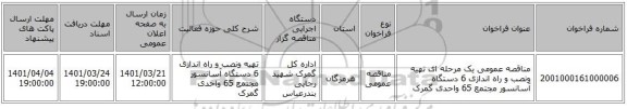 مناقصه، مناقصه عمومی یک مرحله ای تهیه ونصب و راه اندازی 6 دستگاه آسانسور مجتمع 65 واحدی گمرک