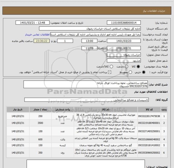 استعلام مصالح ساختمانی. نحوه پرداخت: اوراق خزانه
09153207376 خسروی