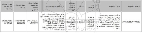 مناقصه، مناقصه عمومی همزمان با ارزیابی (یکپارچه) یک مرحله ای عملیات اجرایی باند دوم رامشیر ماهشهر( از محل احداث باند دوم رامهرمز - بهبهان و رامهرمز - ماهشهر و بهبهان -