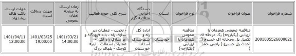 مناقصه، مناقصه عمومی همزمان با ارزیابی (یکپارچه) یک مرحله ای تکمیل پل رودخانه ای خسرج ( احدث پل خسرج ( راضی حمد )
