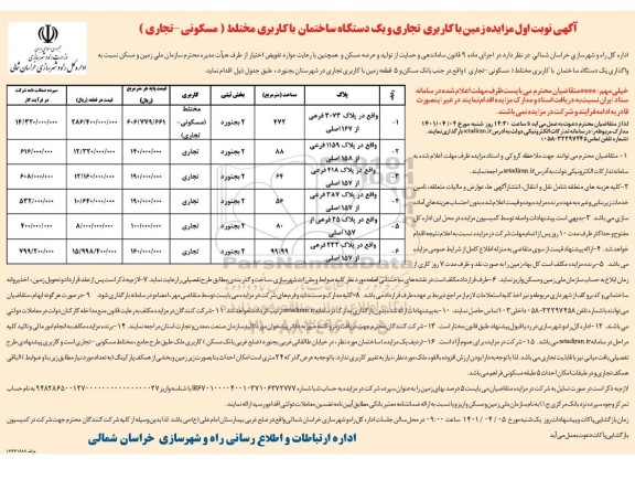 مزایده زمین با کاربری تجاری و یکدستگاه ساختمان با کاربری مختلط 