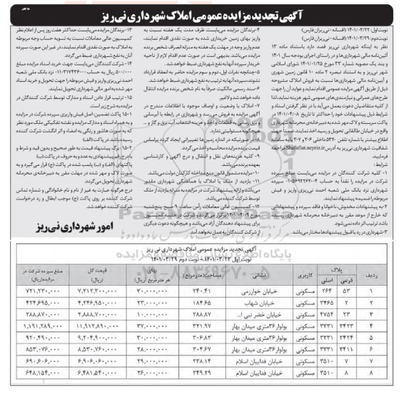 تجدید مزاید فروش املاک با کاربری مسکونی