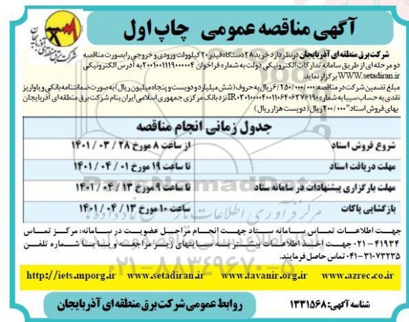 مناقصه خرید 28 دستگاه فیدر 20 کیلوولت ورودی و خروجی 