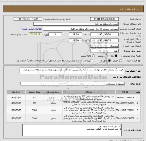 استعلام خرید رنگ جداول واقع در بلوار مدرس، امانیه، کیانپارس، کیان آباد، کیانشهر و زردشت در منطقه دو شهرداری