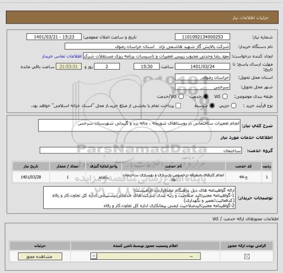 استعلام انجام تعمیرات ساختمانی در روستاهای شوریجه ، چاله زرد و گنبدلی شهرستان سرخس