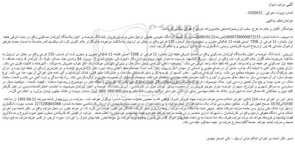 مزایده فروش ششدانگ عرصه و اعیان یکدستگاه آپارتمان مسکونی 