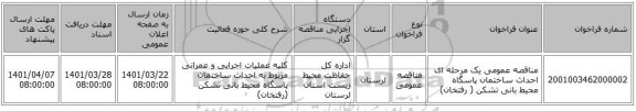مناقصه، مناقصه عمومی یک مرحله ای احداث ساختمان پاسگاه محیط بانی تشکن ( رفتخان)