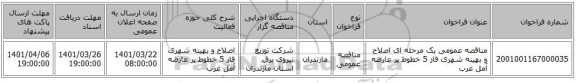 مناقصه، مناقصه عمومی یک مرحله ای اصلاح و بهینه شهری فاز 5 خطوط پر عارضه آمل غرب
