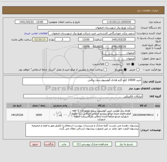استعلام خرید 10000 کیلو گرم هادی آلومینیوم بدون روکش