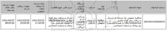 مناقصه، مناقصه عمومی یک مرحله ای ارسال و دریافت پیام کوتاه ازطریق URL/Webservice  به همراه لایسنس پنل پیامک و شماره اختصاصی